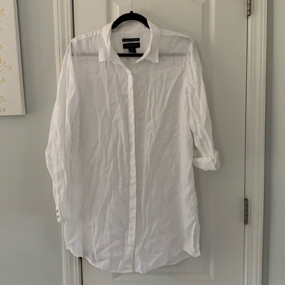 TAHARI 100% Linen Tunic Long Sleeve Mini Button Down Shirt Dress Womens Large